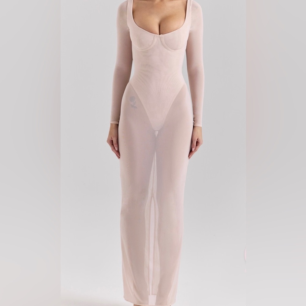 House of CB Pale Pink Sheer Long Sleeve Maxi Dress